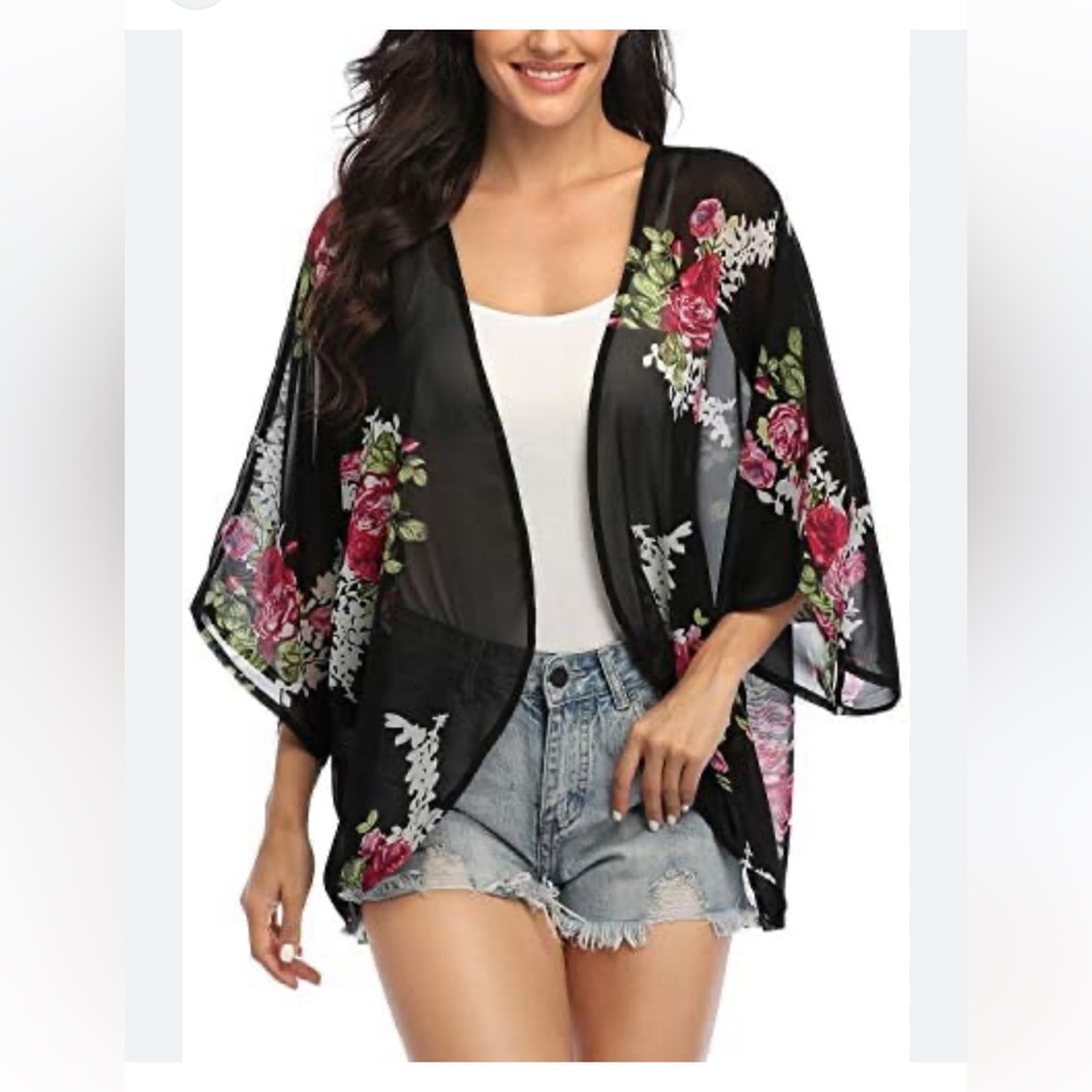 Black with pink Floral Pattern Kimono